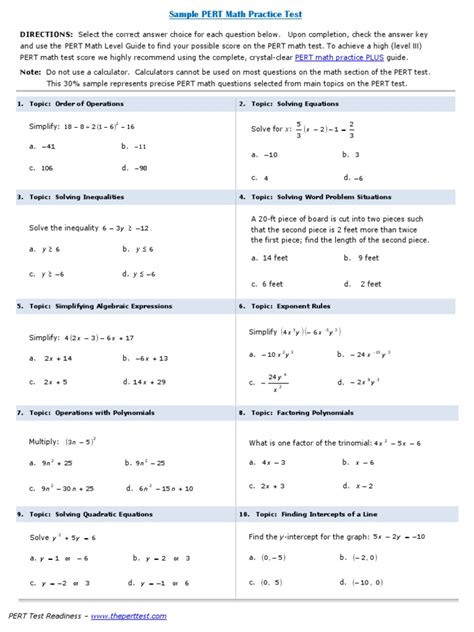 printable pert math practice test